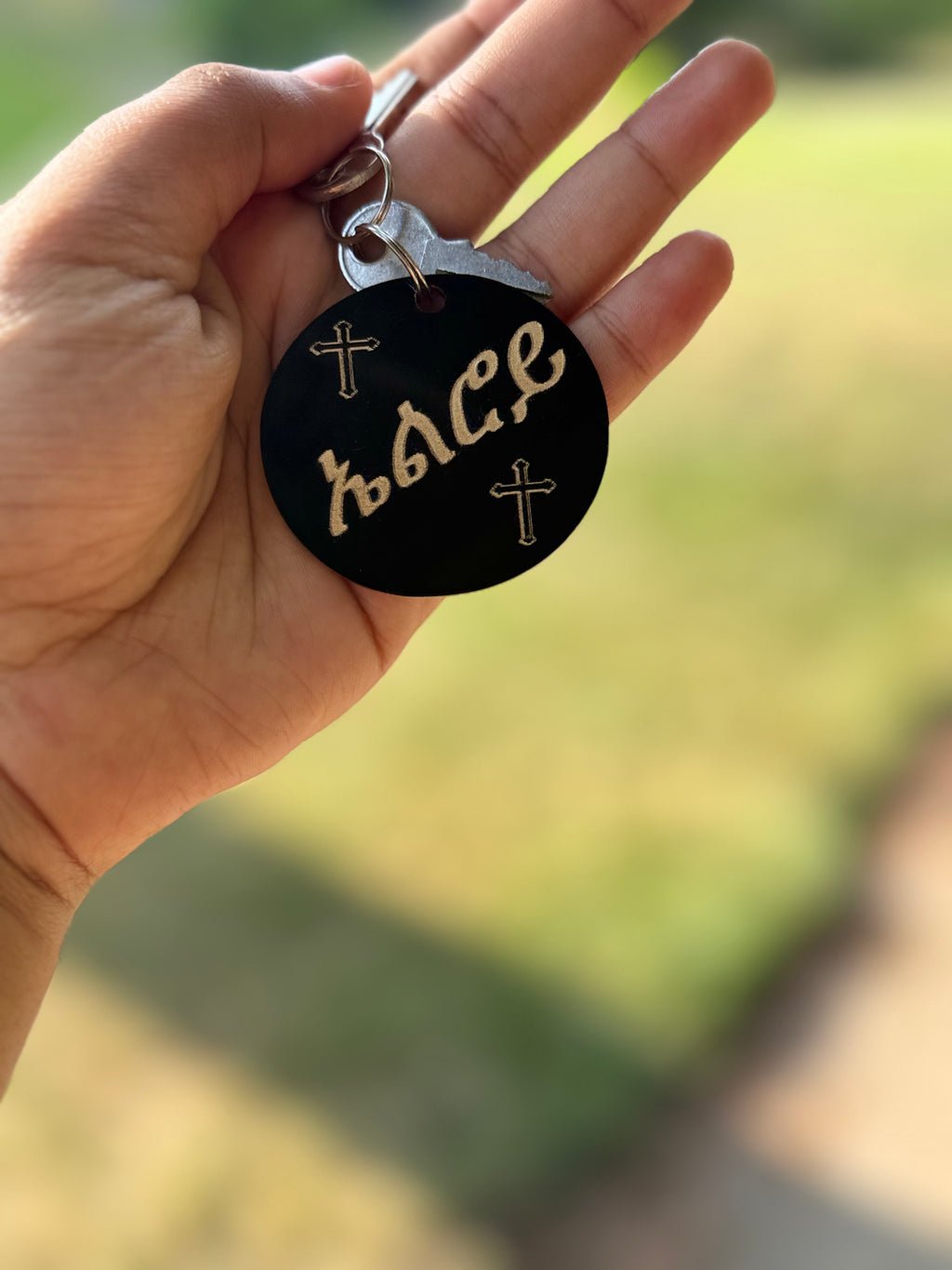 Custom Name Keychain - Elroi in Amharic - Personalized Ethiopian Name Tag with Crosses