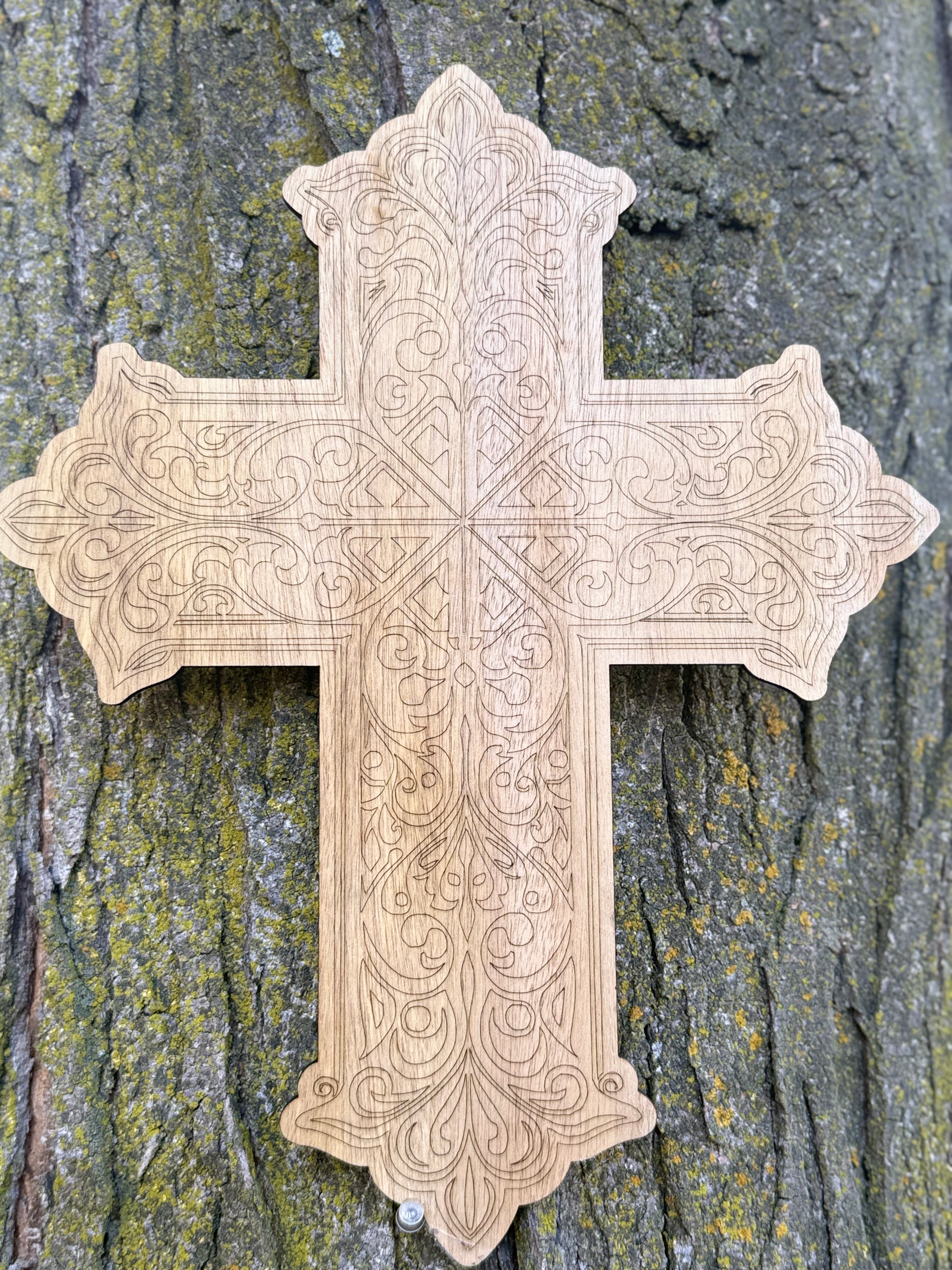Wooden Cross Wall Decor - Ethiopian Style Laser-Engraved Cross - Large Christian Wall Art