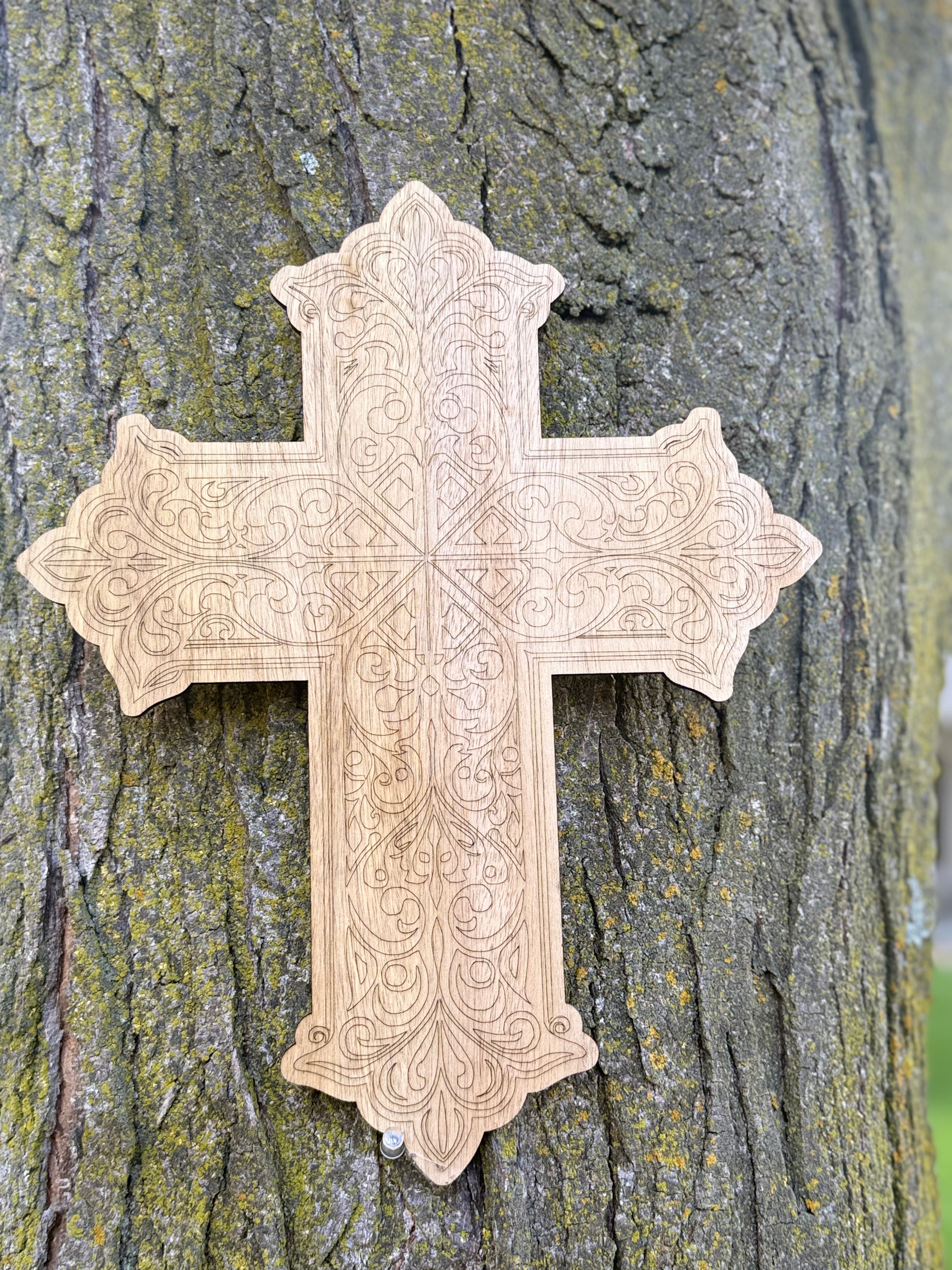 Wooden Cross Wall Decor - Ethiopian Style Laser-Engraved Cross - Large Christian Wall Art