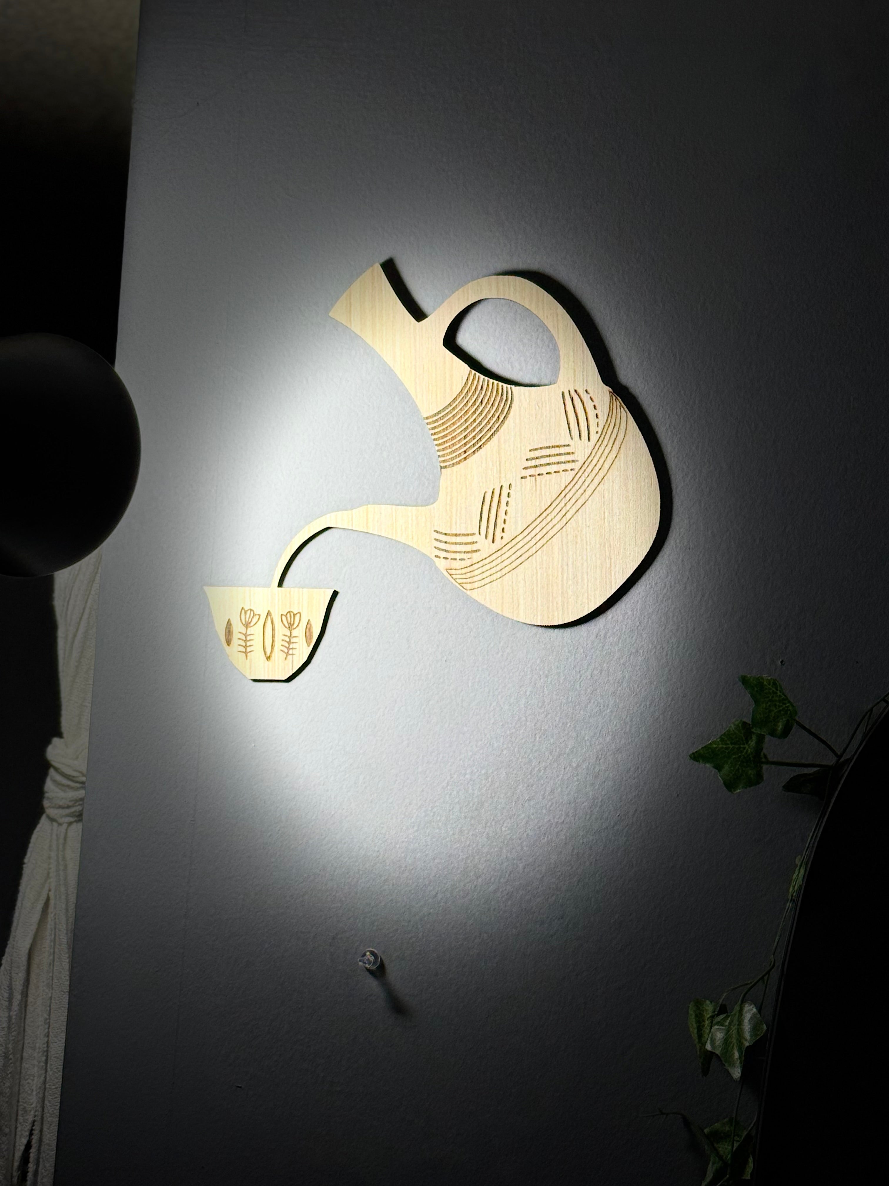Wooden Wall Art - Ethiopian Jebena Coffee Pot Pouring - Boho Laser Cut Decor